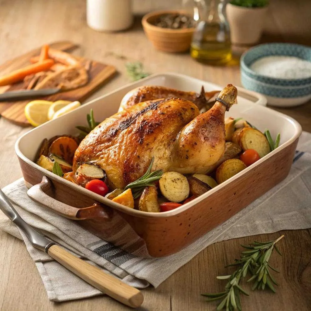 Poulet entier rôti au four avec une peau croustillante et dorée, servi avec pommes de terre, carottes et courgettes dans un plat en fonte.