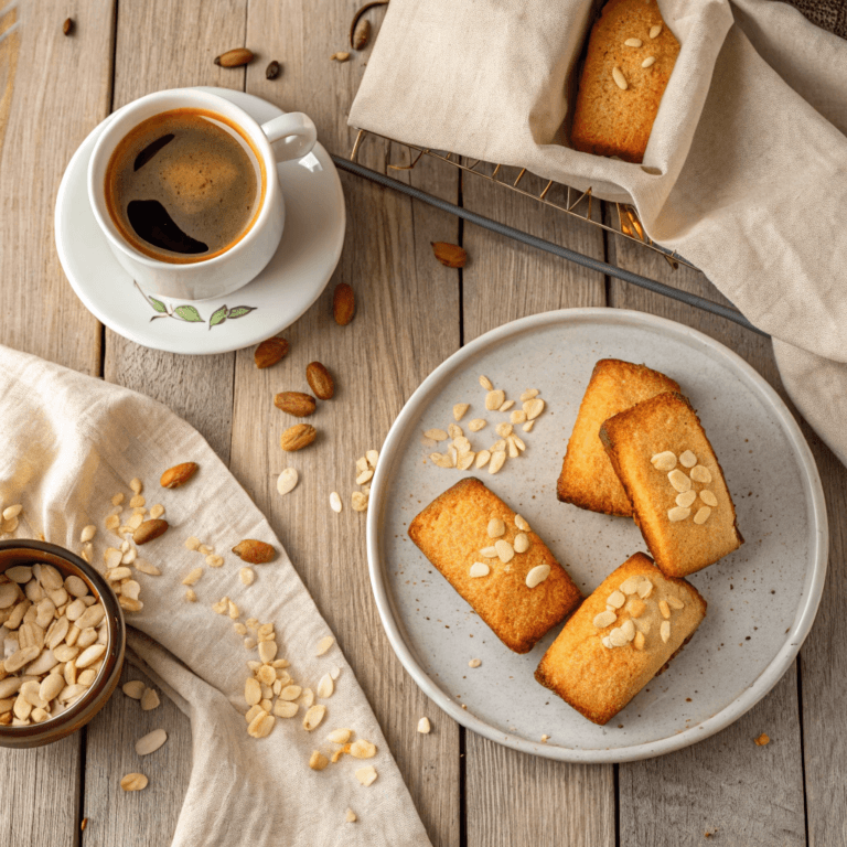 Financier recette présentée avec de beaux gâteaux dorés faits maison, posés sur une planche en bois dans une ambiance pâtisserie artisanale.
