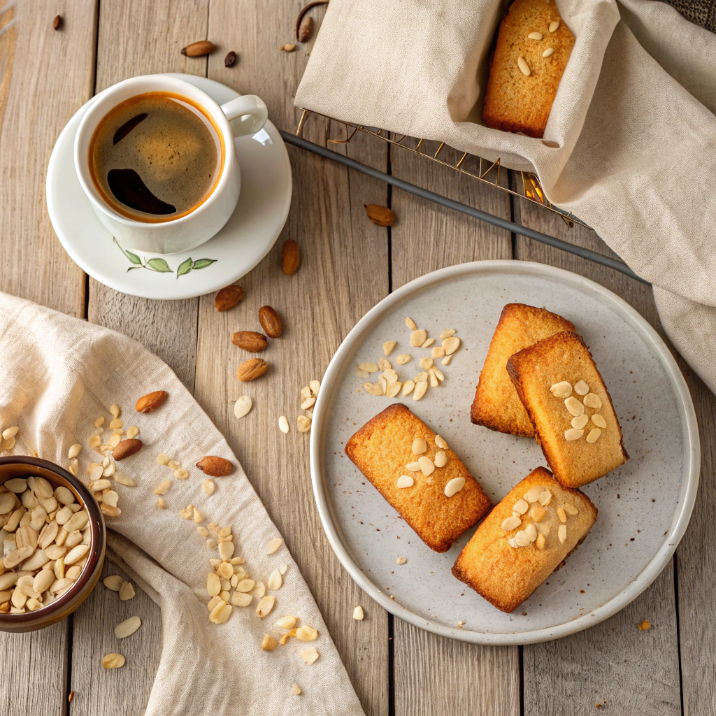 Financier recette présentée avec de beaux gâteaux dorés faits maison, posés sur une planche en bois dans une ambiance pâtisserie artisanale.