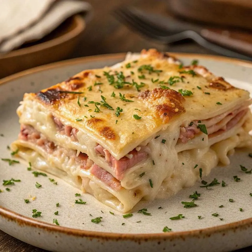Lasagnes au jambon et fromage avec une croûte gratinée dorée, servies dans un plat en céramique rustique.