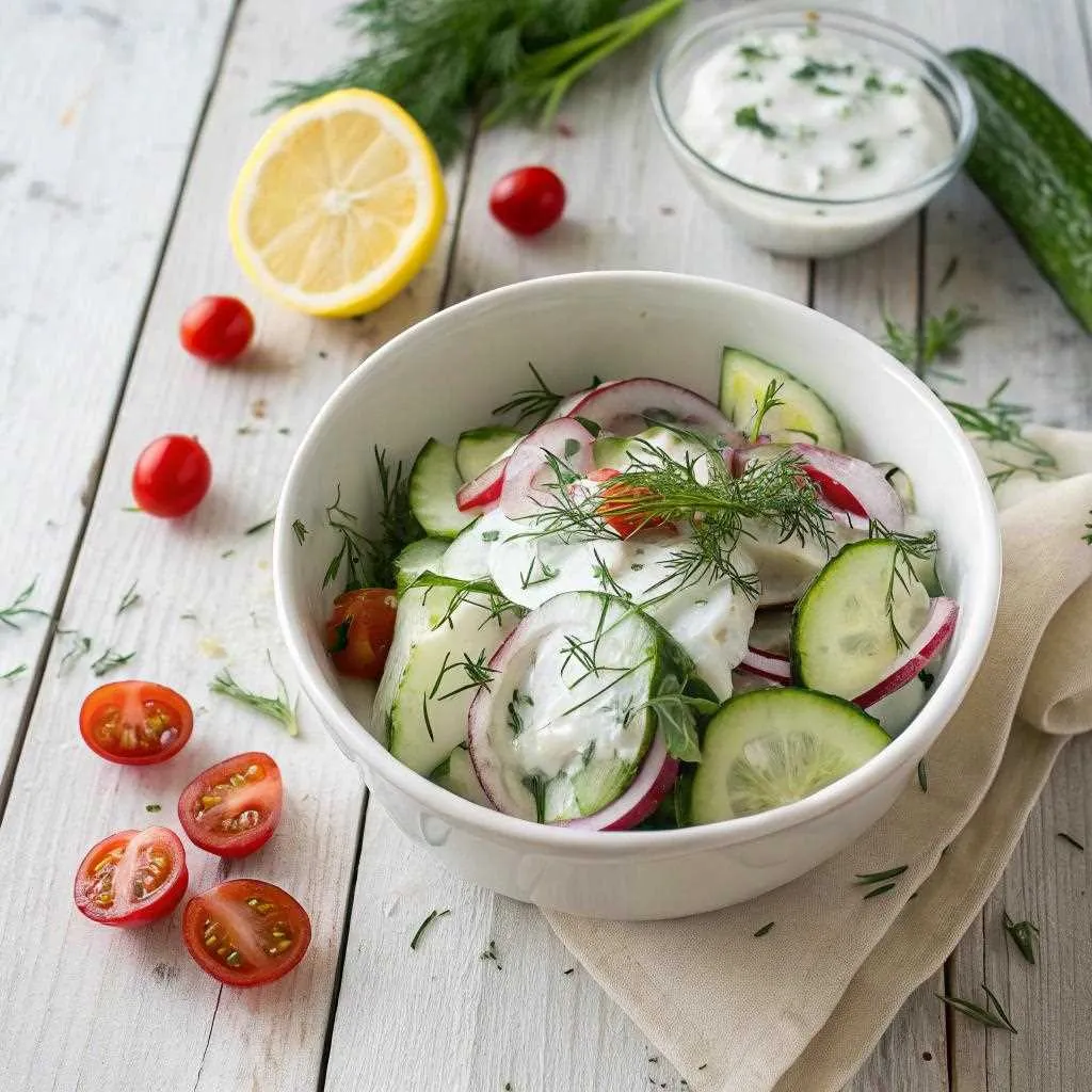 Salade de concombre fraîche dans un bol blanc, avec sauce au yaourt, aneth, tranches de citron, tomates cerises et oignon rouge sur une table rustique.