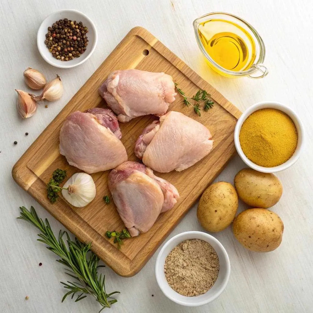Ingrédients crus pour cuisse de poulet au four pomme de terre : cuisses de poulet, pommes de terre, oignons et épices