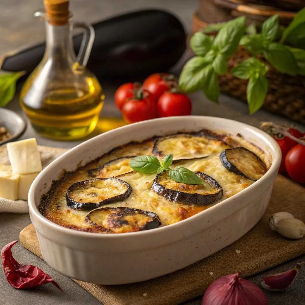 Aubergine au four gratinée dorée dans plat céramique avec fromage fondu, basilic frais et ingrédients méditerranéens