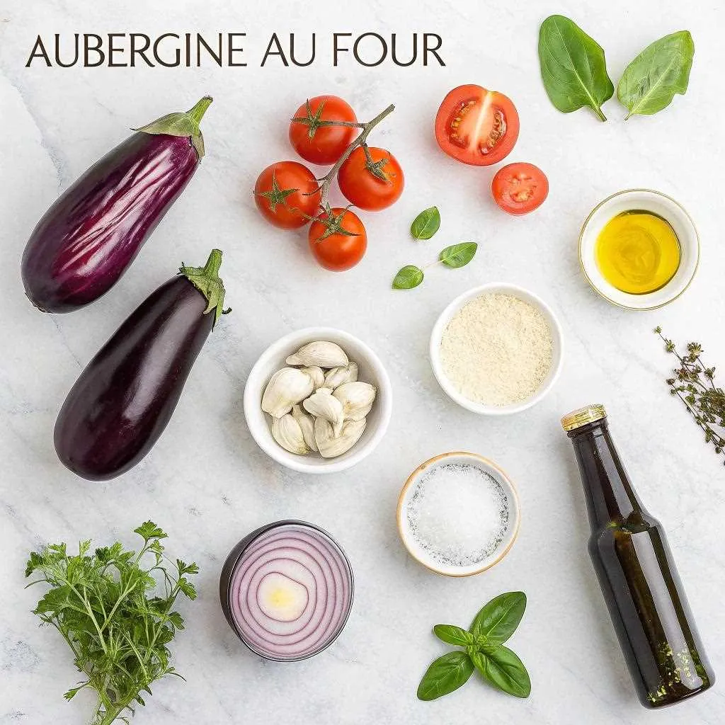 Ingrédients aubergine au four disposés en flat lay : aubergines violettes, tomates, ail, basilic, parmesan, huile olive