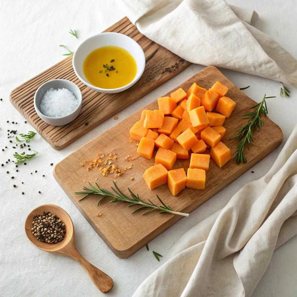 Ingrédients pour butternut au four : courge entière, cubes, huile d’olive, épices et herbes