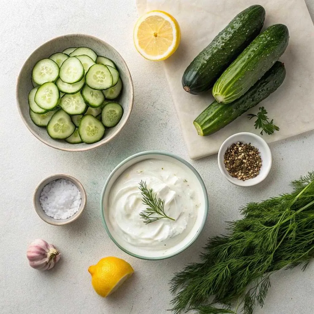 Ingrédients pour salade de concombre : concombres frais, yaourt grec, citron, ail, aneth, sel et poivre sur un plan de travail clair.