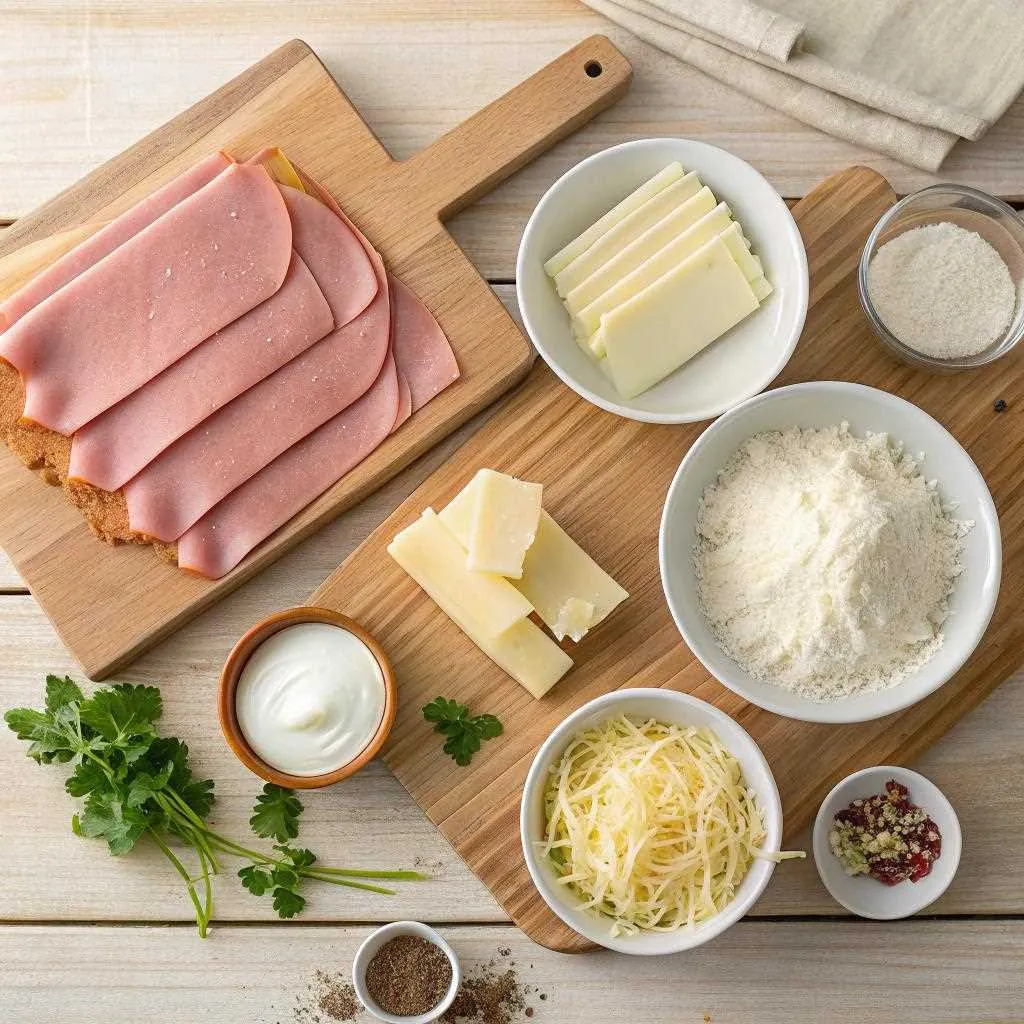 Vue d’en haut des ingrédients pour des lasagnes au jambon et fromage : jambon, fromages, feuilles de lasagne, lait, beurre et farine.