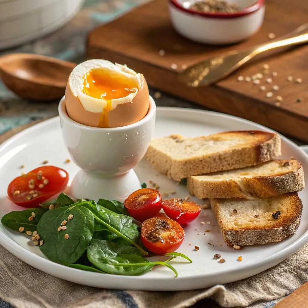 Œuf mollet parfait sur assiette blanche, jaune doré, accompagné de pain grillé et tomates cerises, cuisine rustique en arrière-plan