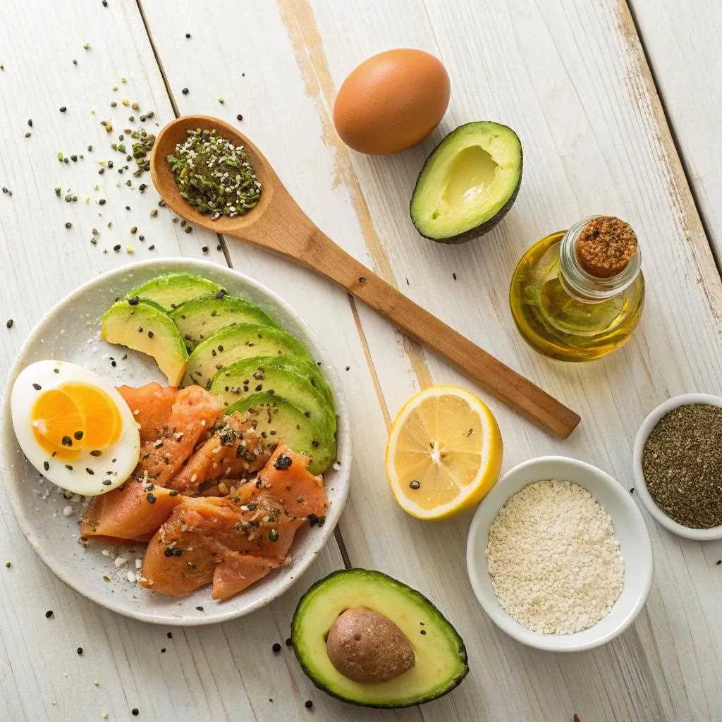 Ingrédients pour œuf mollet : avocat, saumon fumé, citron, graines de sésame, œuf cru, table en bois clair