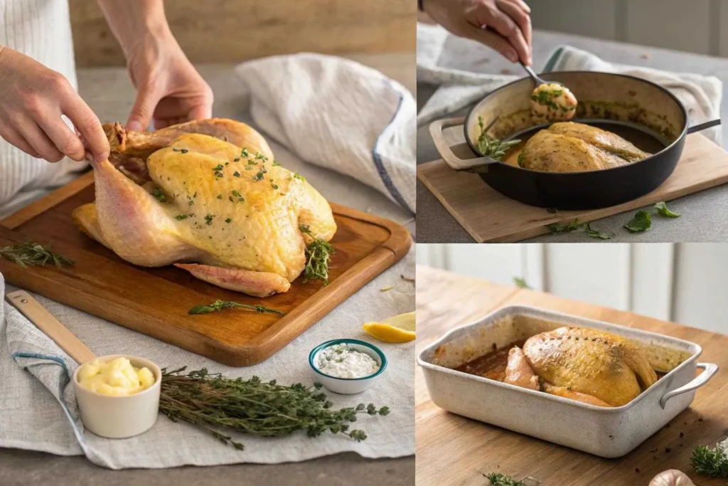 Préparation d’un poulet cru avec beurre aux herbes