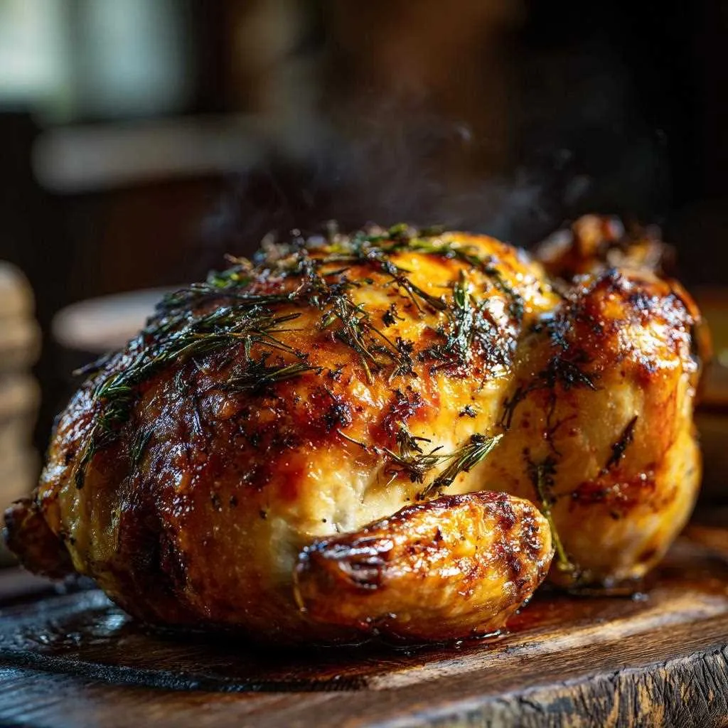 Poulet rôti au four doré en cuisine rustique