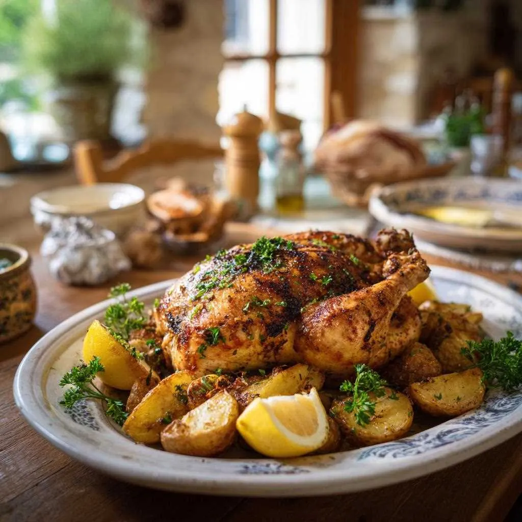 Poulet rôti servi avec pommes de terre