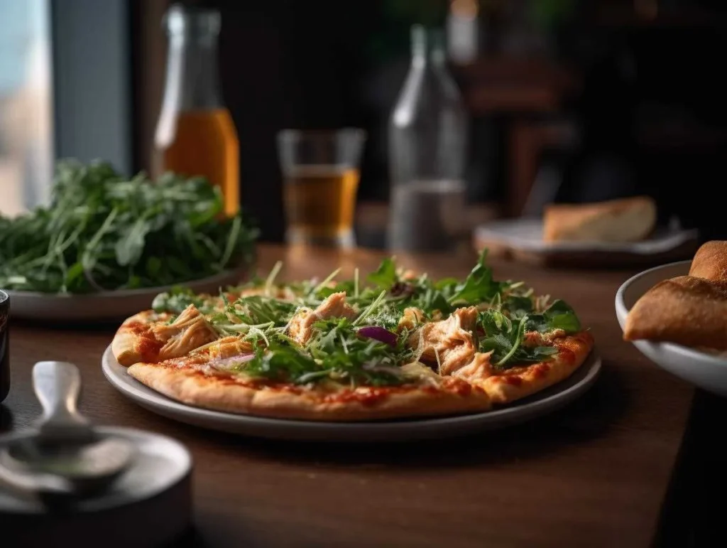 Part de pizza en croûte de poulet servie