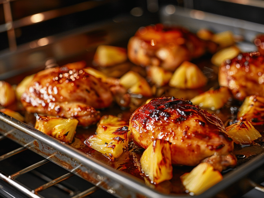 Poulet hawaïen en cours de cuisson dans le four, avec sauce caramélisée