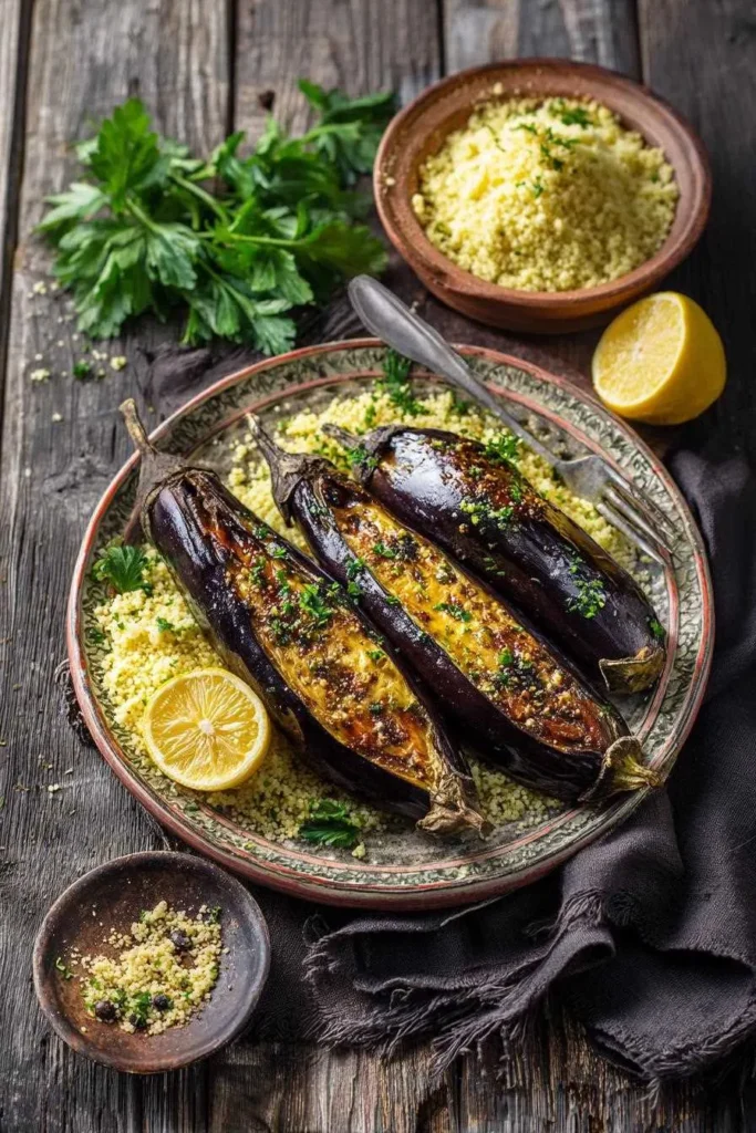 Aubergine au four servie avec couscous