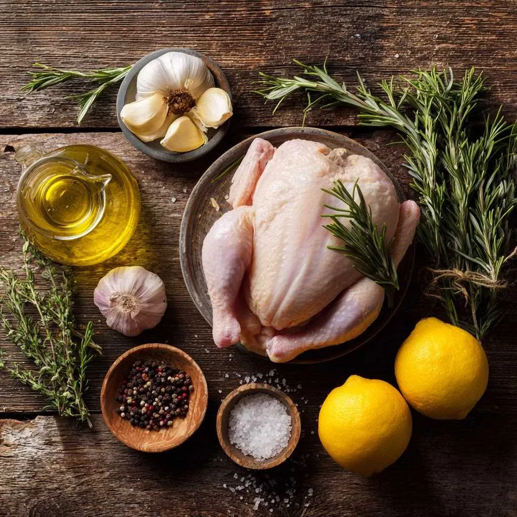Ingrédients poulet rôti au four sur table
