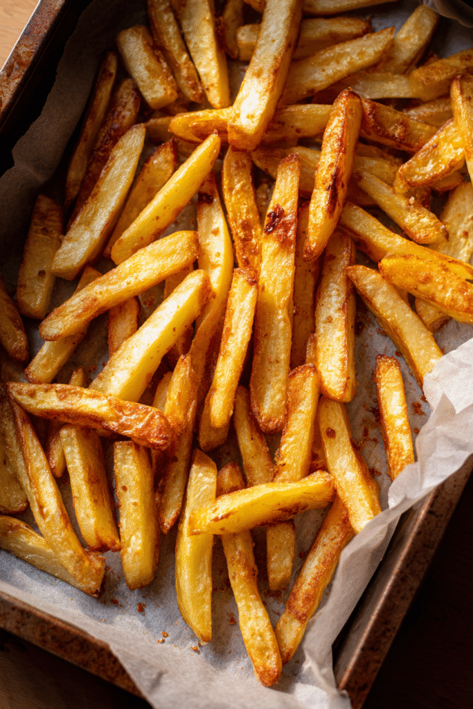 Frites au four pendant la cuisson sur plaque