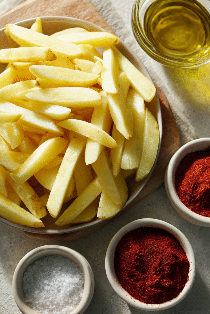 Ingrédients pour frites au four : pommes de terre et assaisonnements