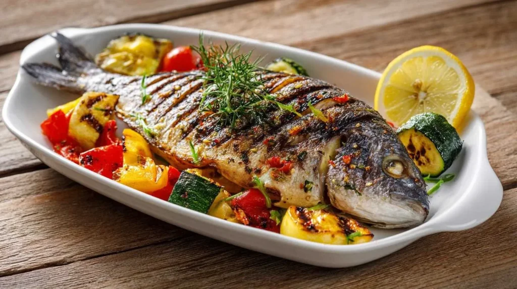 Dorade au four servie dans une assiette avec légumes rôtis