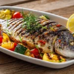 Dorade au four servie dans une assiette avec légumes rôtis