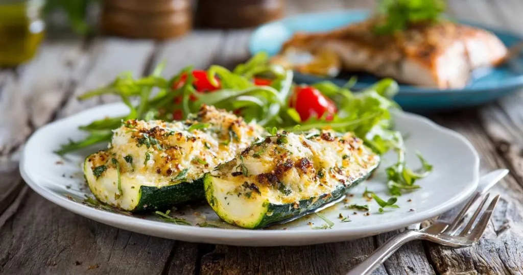 assiette de courgettes au four servies avec du poisson