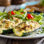 assiette de courgettes au four servies avec du poisson