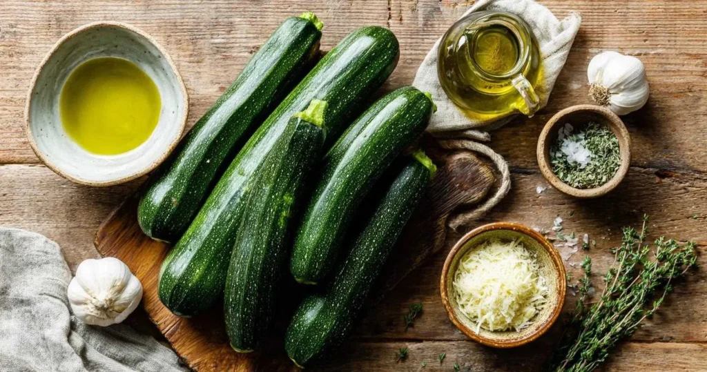 ingrédients pour courgettes au four sur une table en bois