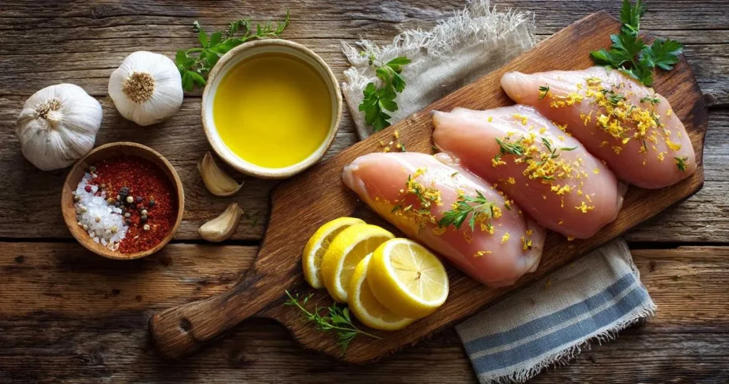 ingrédients pour blanc de poulet au four sur planche en bois