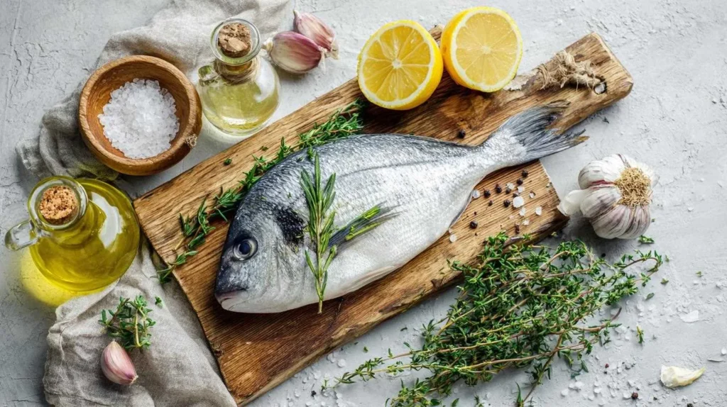 Ingrédients pour dorade au four : poisson, citron, ail, thym
