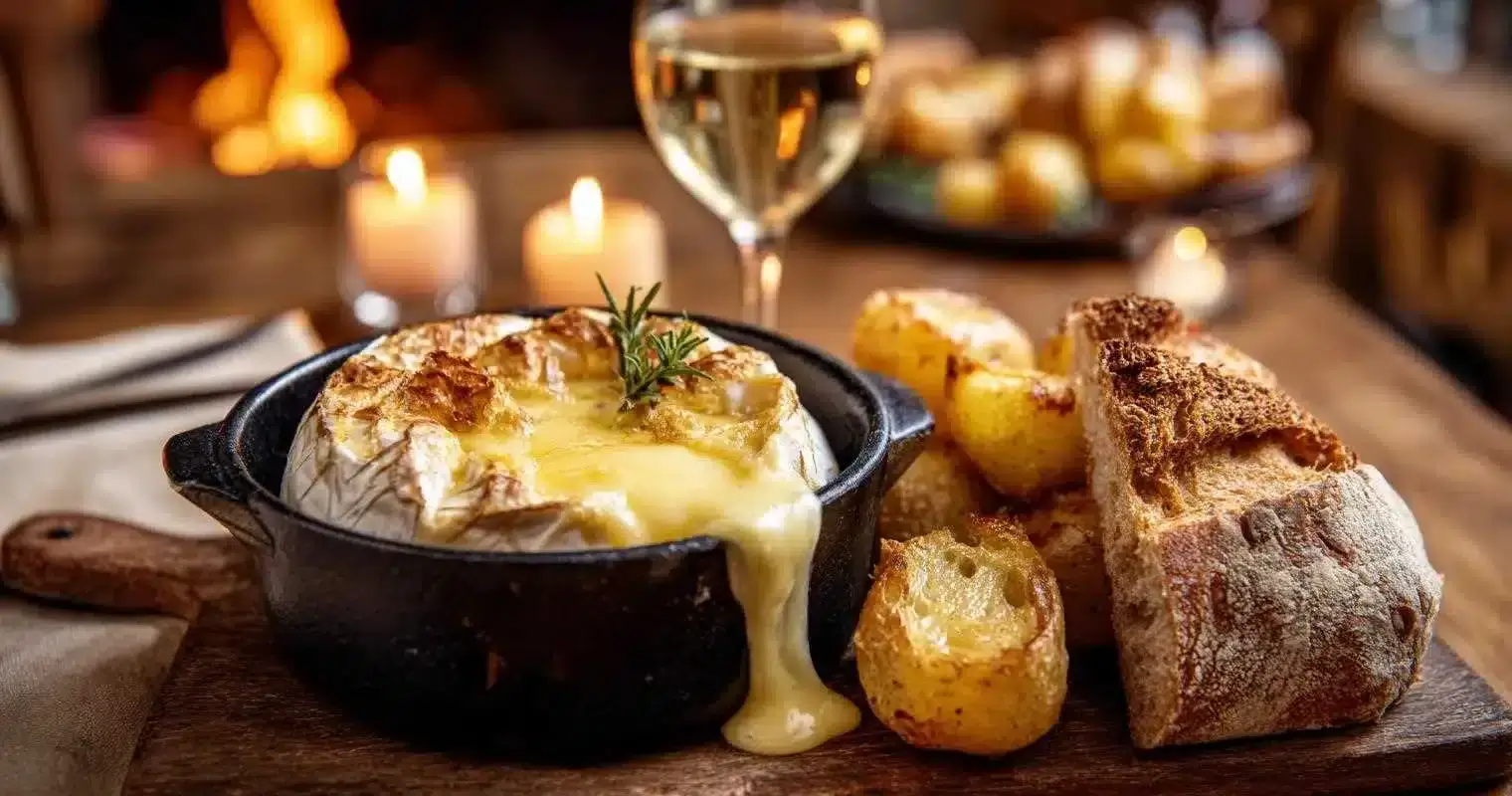 Camembert au four servi avec pommes de terre