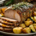 Rôti de veau au four servi avec pommes de terre et courgettes
