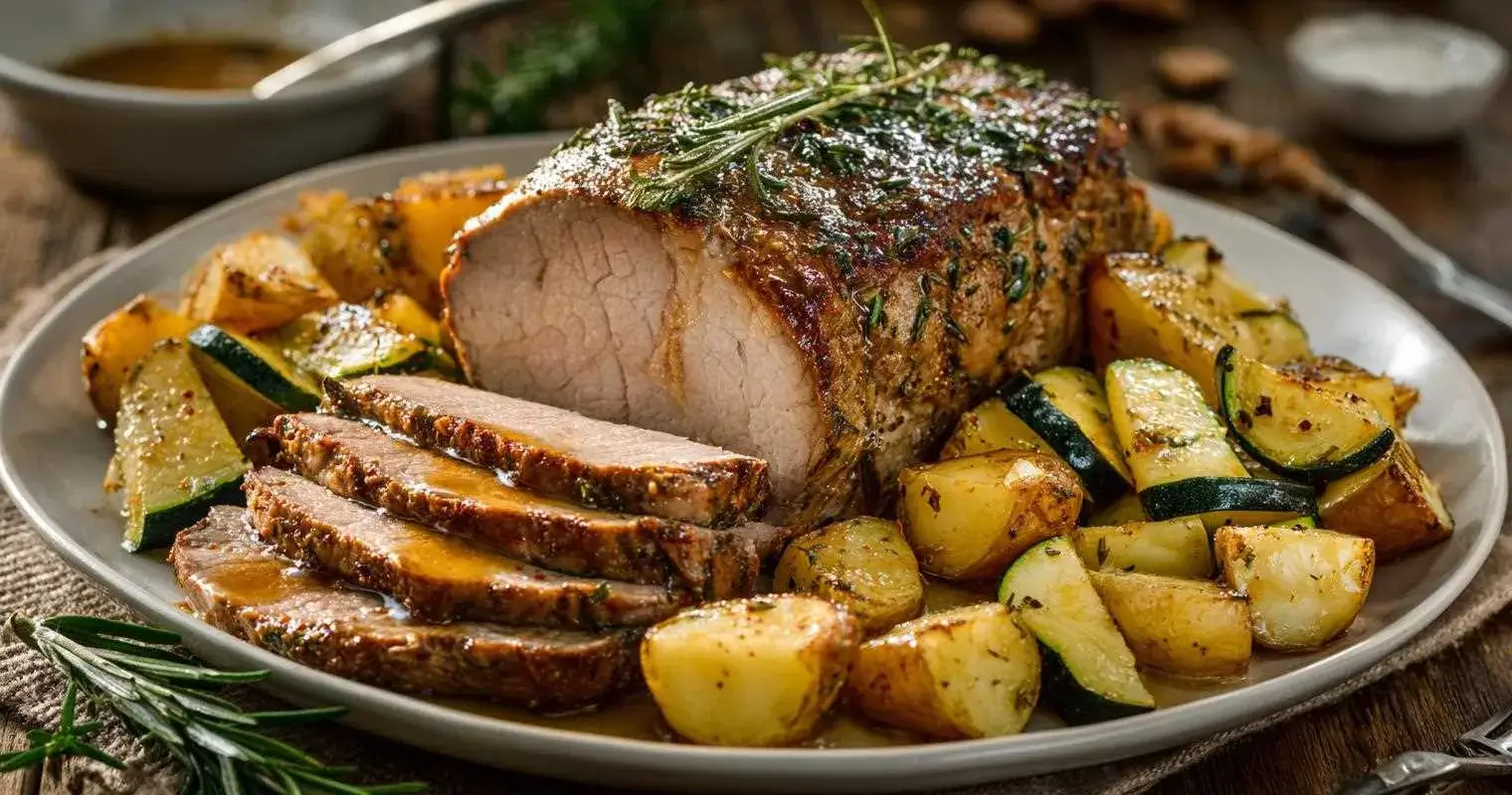 Rôti de veau au four servi avec pommes de terre et courgettes