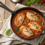 Poulet crémeux aux poivrons rouges rôtis dans une poêle