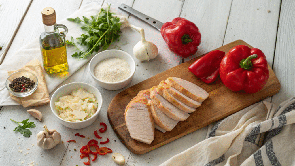 Ingrédients pour poulet crémeux aux poivrons rouges rôtis