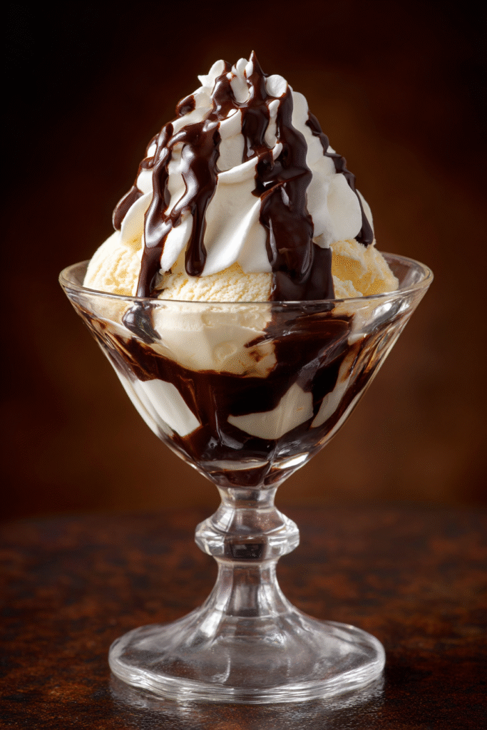 dame blanche dessert servi dans une coupe vintage