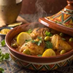 Tajine de poulet épicé authentique marocain servi dans un plat traditionnel en céramique