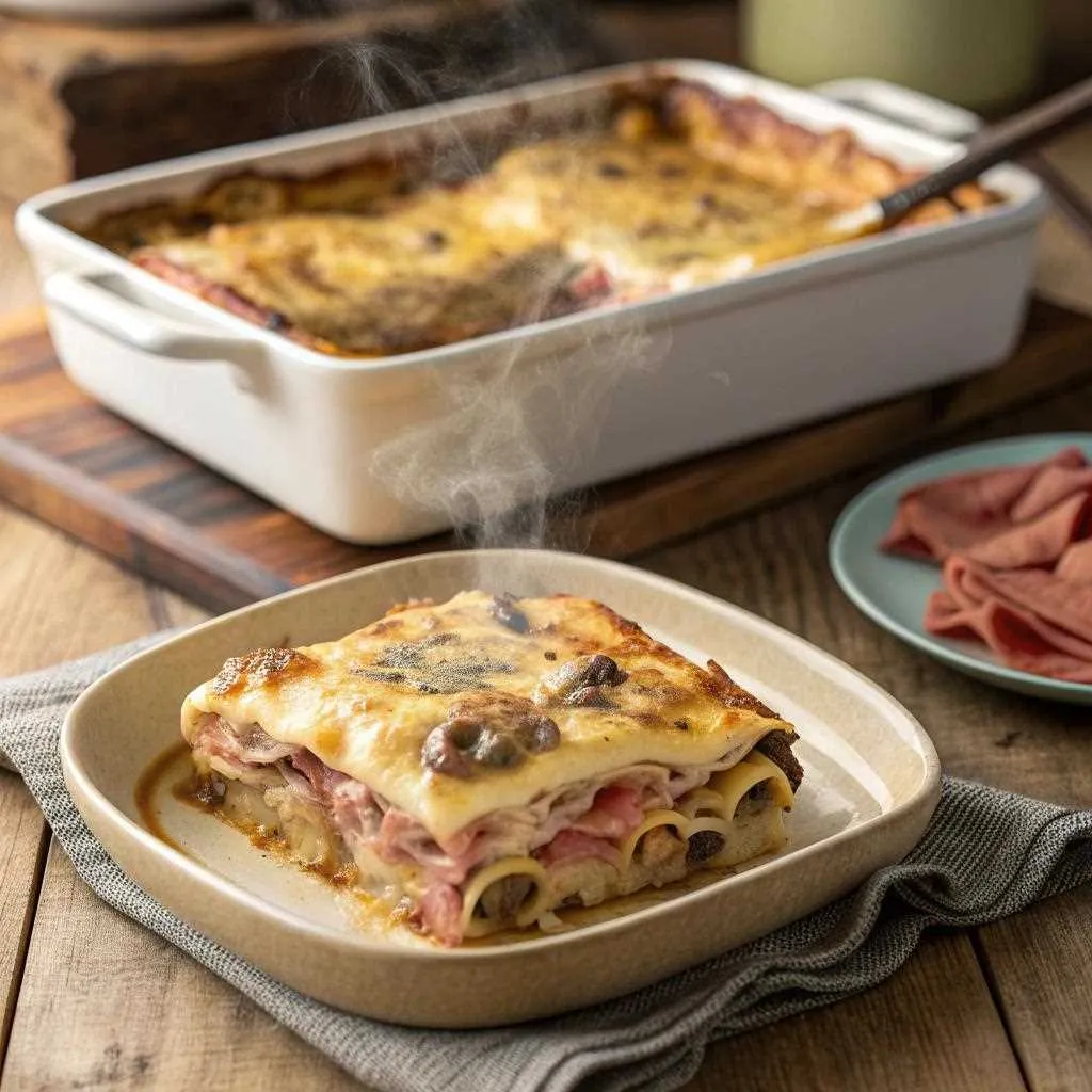 Préparation des lasagnes champignons jambon fromage – champignons tranchés, jambon et béchamel avant cuisson.
