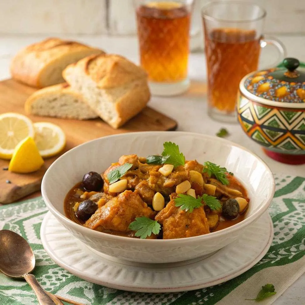 Tajine de poulet épicé servie dans un bol blanc avec couscous - présentation à table marocaine