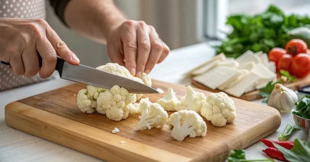 Découpe du chou-fleur en bouquets pour la cuisson au four