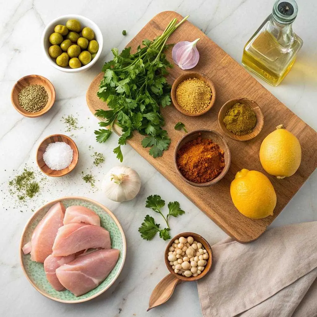 Ingrédients pour faire une tajine de poulet épicé - poulet, épices marocaines, olives, citrons confits