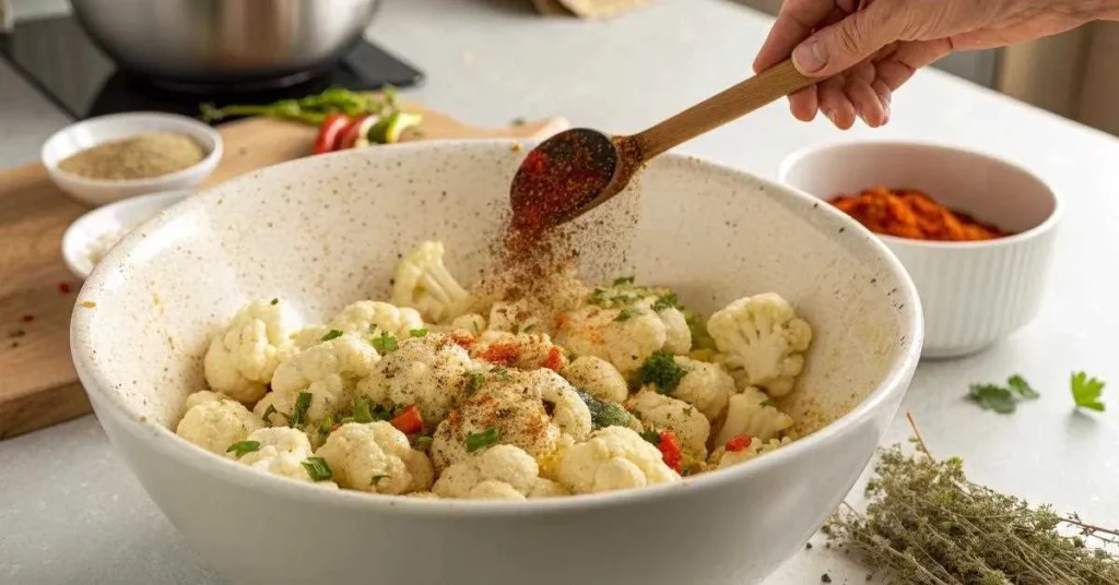 Assaisonnement du chou-fleur avec huile d'olive et épices avant cuisson
