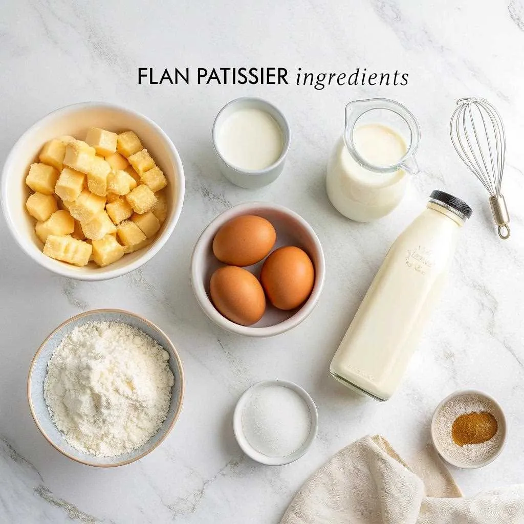 Ingrédients pour la recette de flan pâtissier maison - œufs, lait, vanille, farine