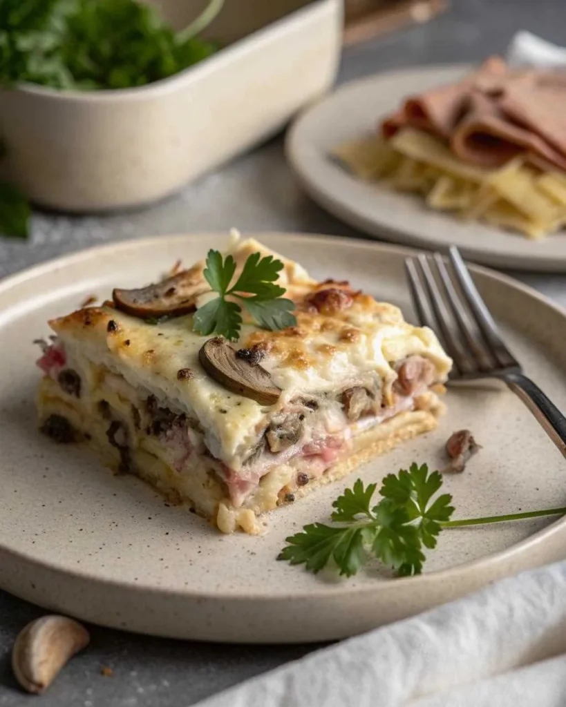 Plat de lasagnes champignons jambon fromage posé sur une table en bois, servi pour un repas convivial.
