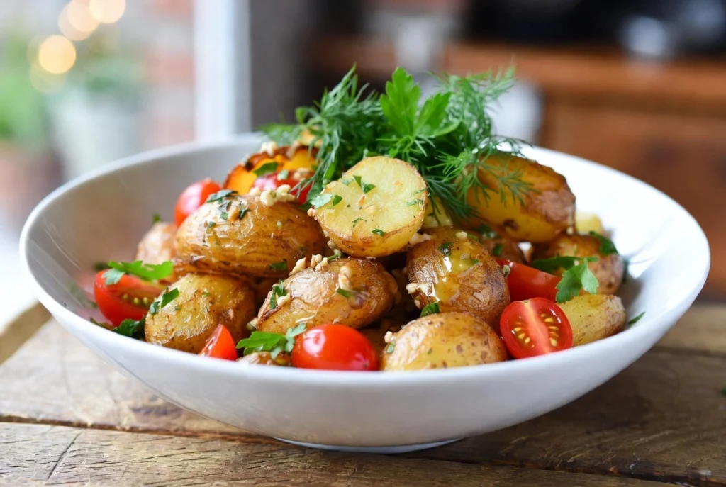 Salade de smashed potatoes croustillantes à l’ail et au citron avec tomates cerises
