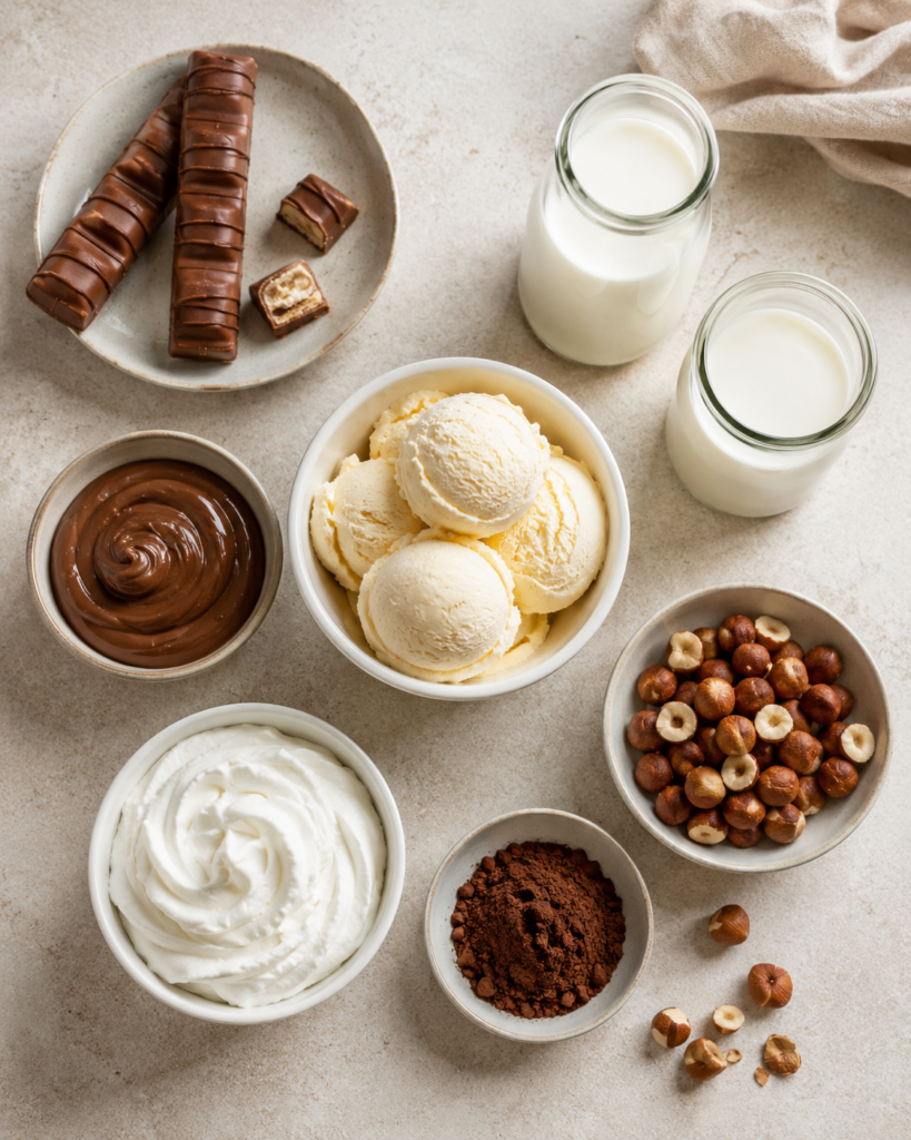 Ingrédients pour préparer un milkshake Kinder Bueno maison