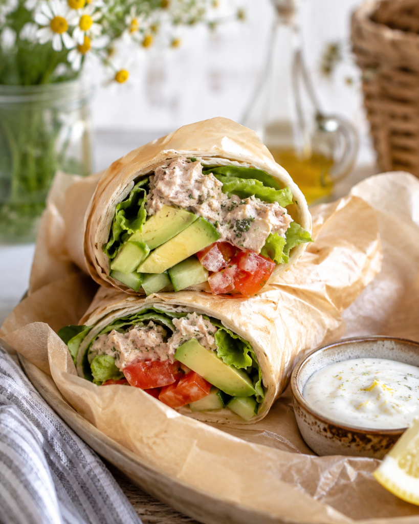 Wrap thon servi avec sauce au yaourt citronnée