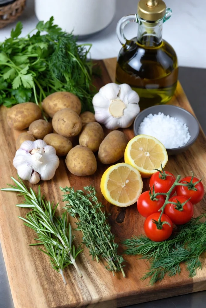 Ingrédients pour salade de smashed potatoes : pommes de terre, ail, citron, herbes fraîches et tomates cerises