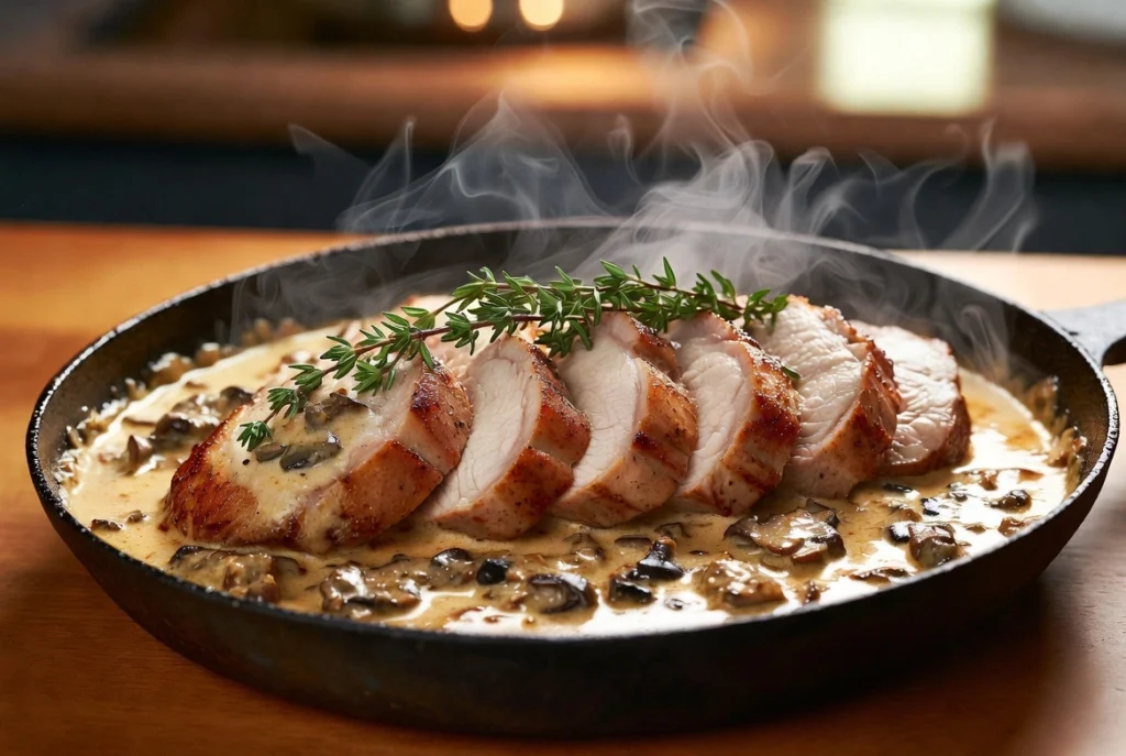 Filet mignon de porc à la crème de moutarde et champignons fondant et doré