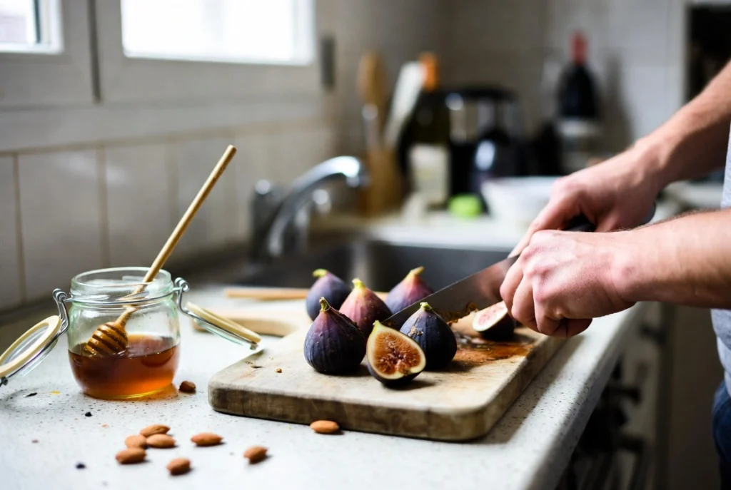 Figues coupées arrosées de miel avant cuisson au four