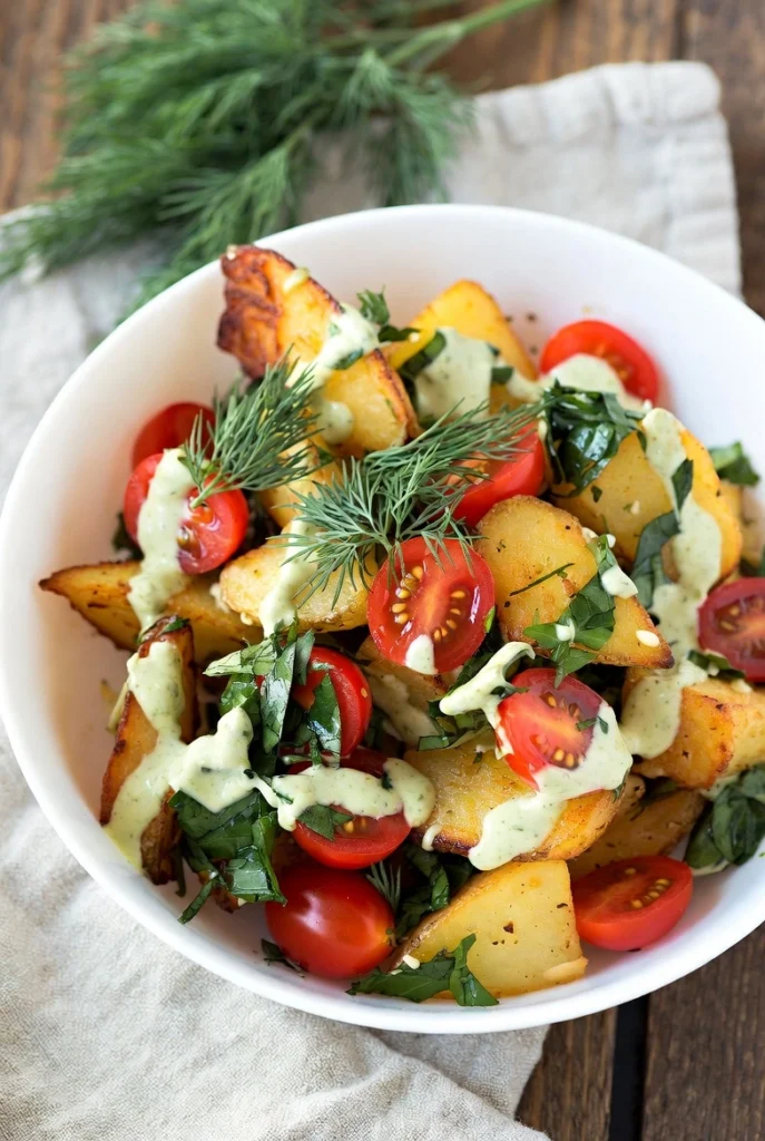 Salade de smashed potatoes servie dans un bol avec tomates cerises et herbes fraîches